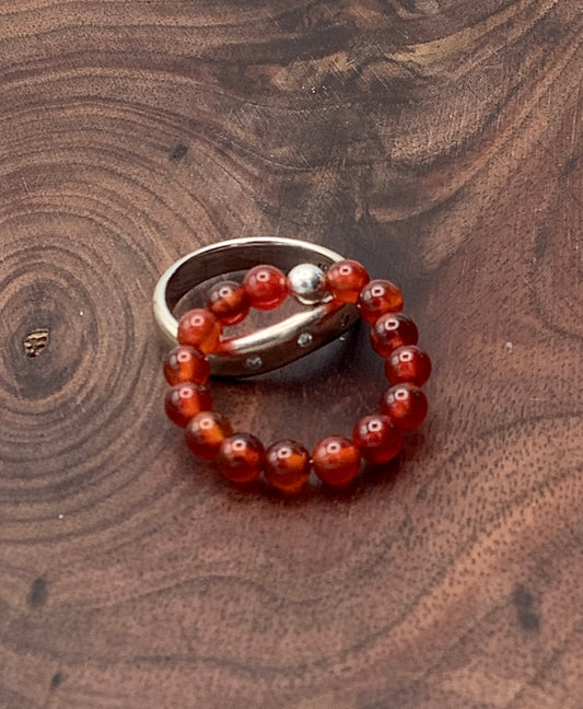 Carnelian Stretch Ring with Sterling Silver Bead