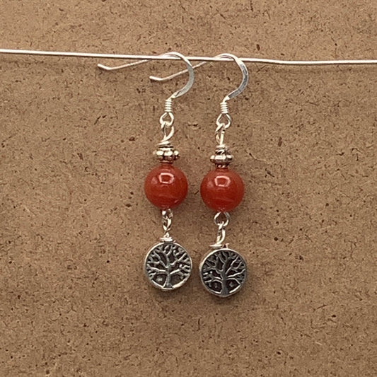 Carnelian Earrings with Tree of LIfe and Sterling Silver Earwire