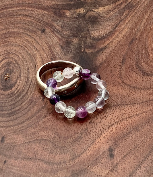 Rainbow Fluorite Stretch Ring with Sterling Silver Bead
