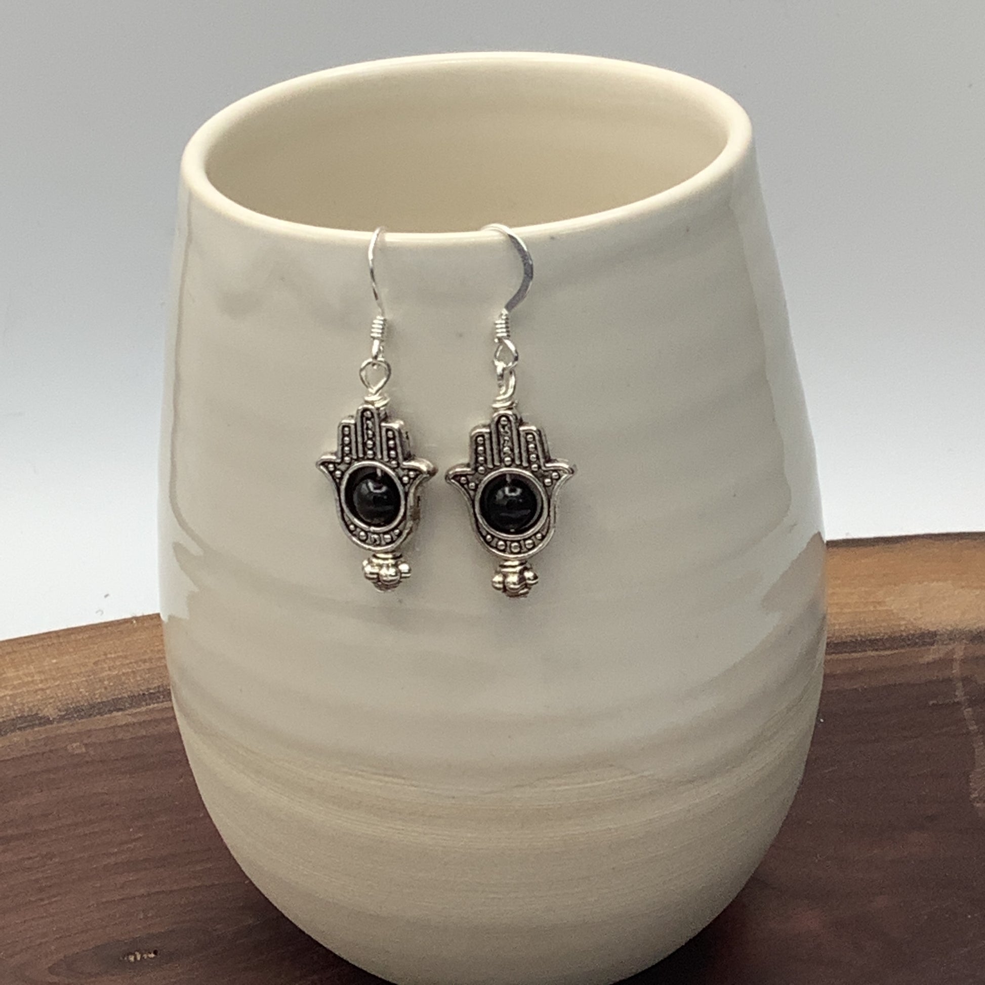 Hamsa Hand Obsidian Earrings with Sterling Silver Earwire