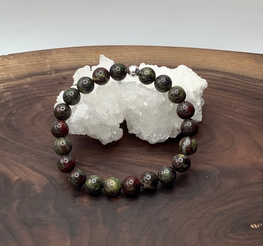 Dragon Bloodstone Jasper stretch bracelet with Sterling Silver Bead.