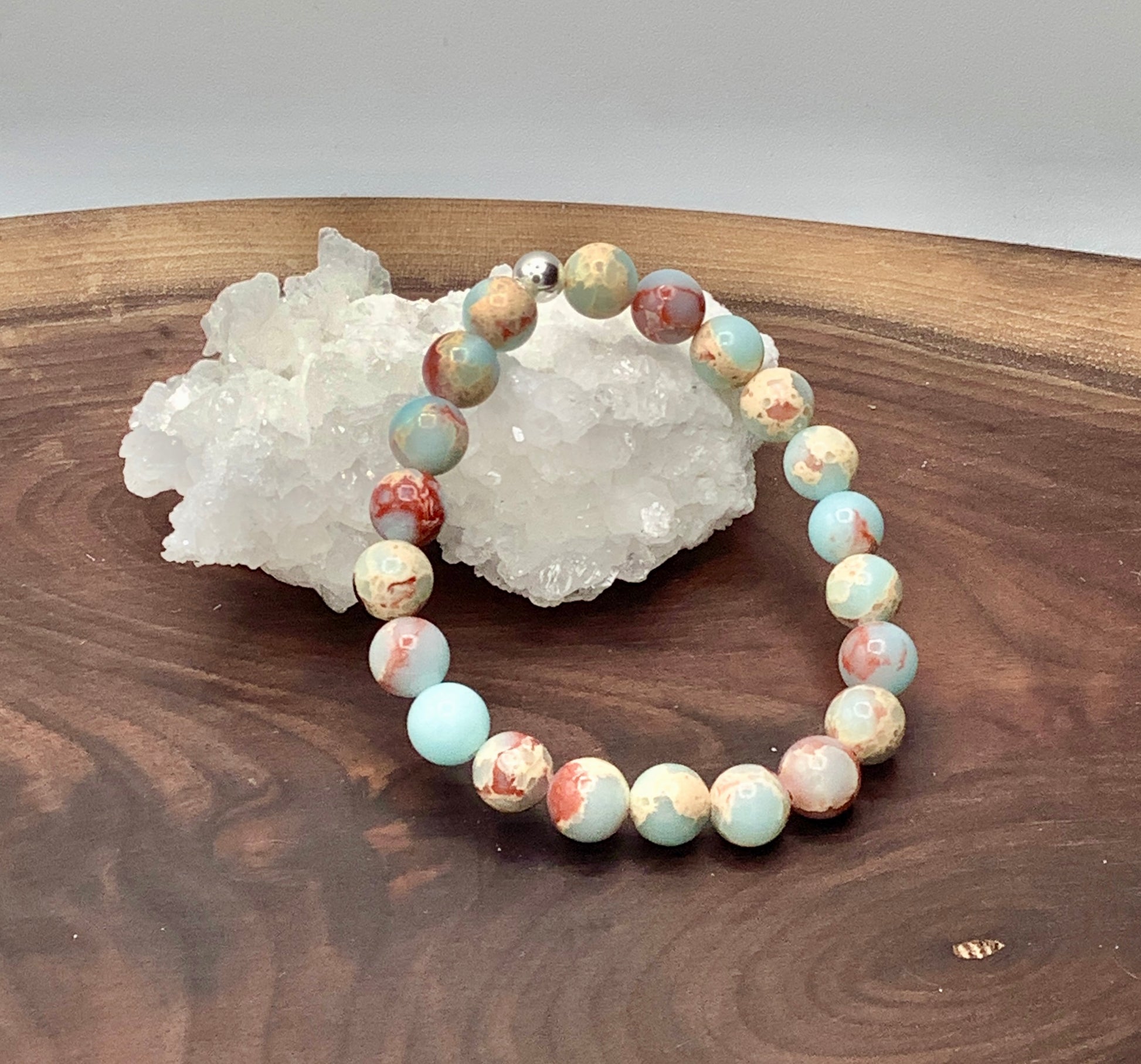 african opal jasper  stretch bracelet with sterling silver