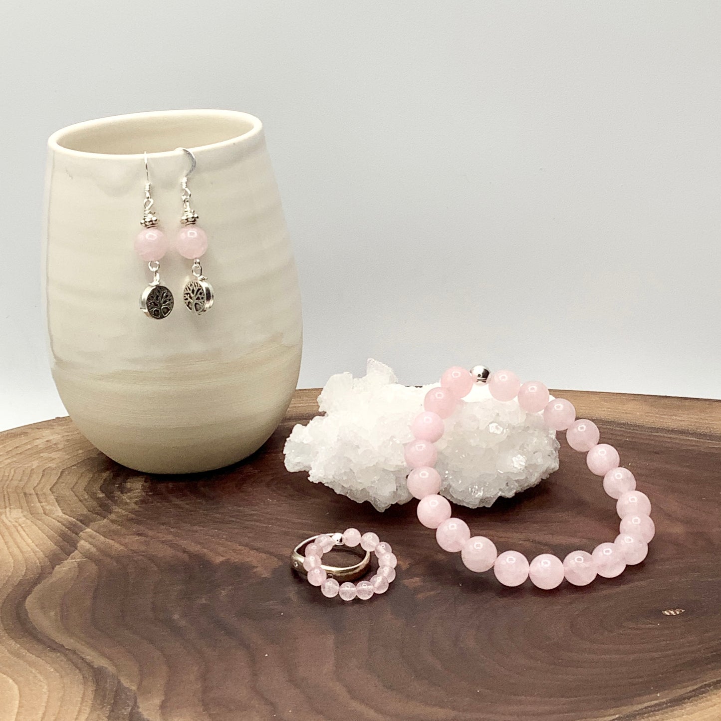 Rose Quartz Bracelet with Sterling Silver Bead with Rose Quartz Ring and Rose Quartz Tree of Life earrings