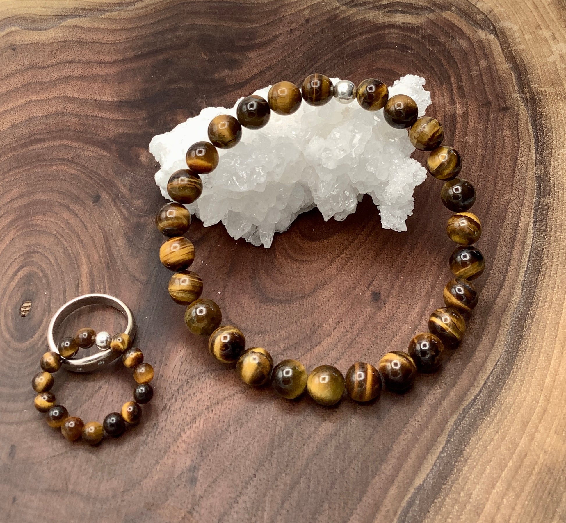 Tiger's Eye Stretch Bracelet with Sterling Silver Bead and Tiger's Eye Stretch Ring with Sterling Silver Bead