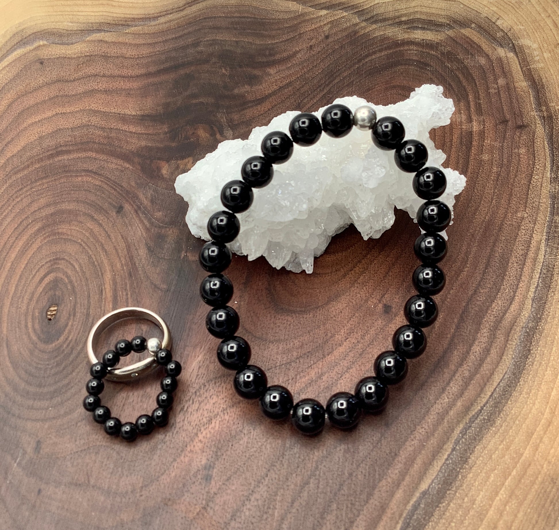 Obsidian Bracelet with Sterling Silver Bead and Obsidian Ring with Sterling Silver Bead