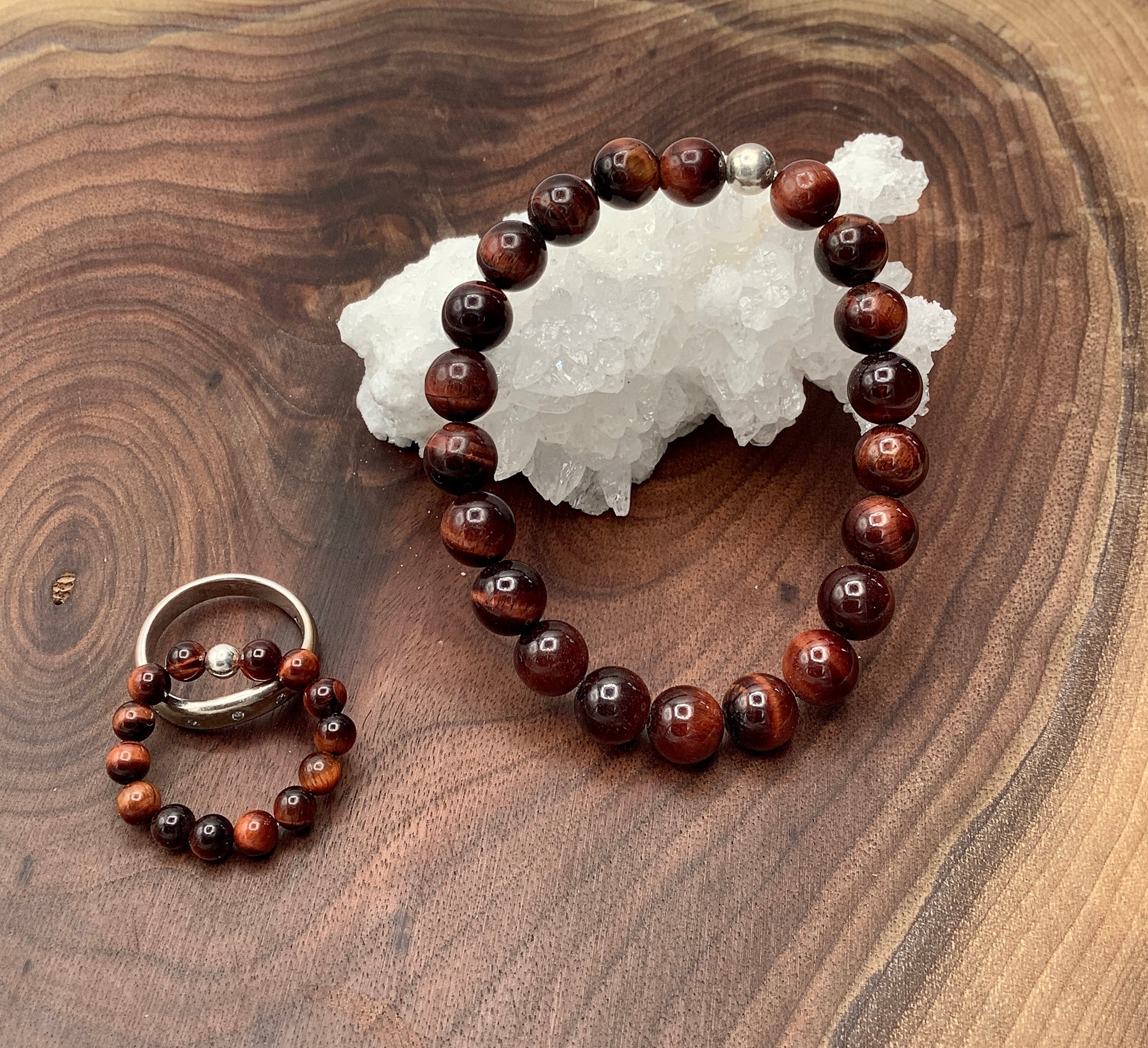 Red Tiger's Eye Stretch Bracelet with Sterling Silver Bead and Red Tiger's Eye Stretch Ring with Sterling Silver Bead