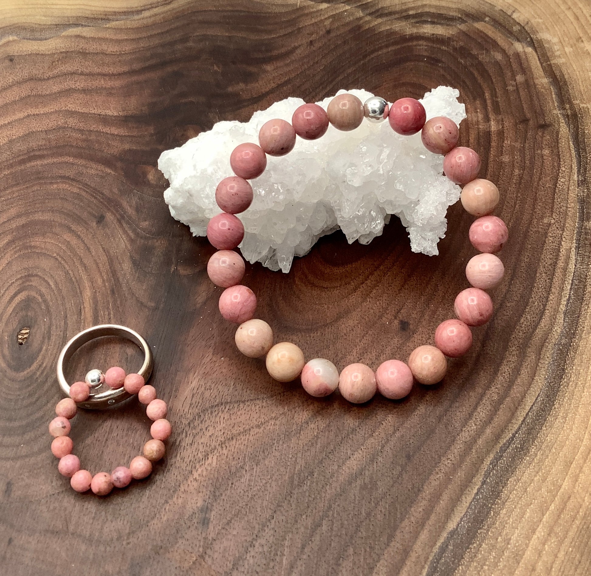 Rhodonite Stretch Bracelet with Sterling Silver Bead and Rhodonite Stretch Ring with Sterling Silver Bead