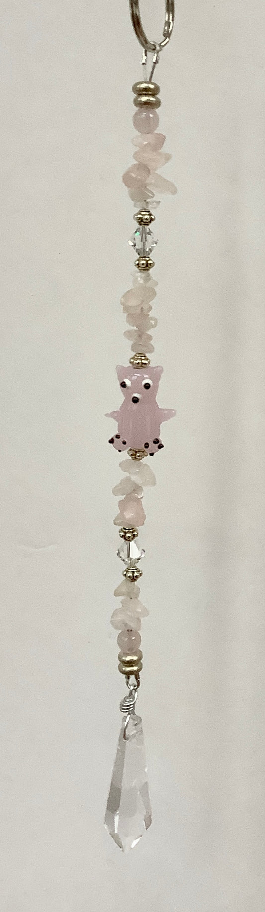 Rose Quartz Suncatcher with Lampworked Teddy Bear and Swarovski