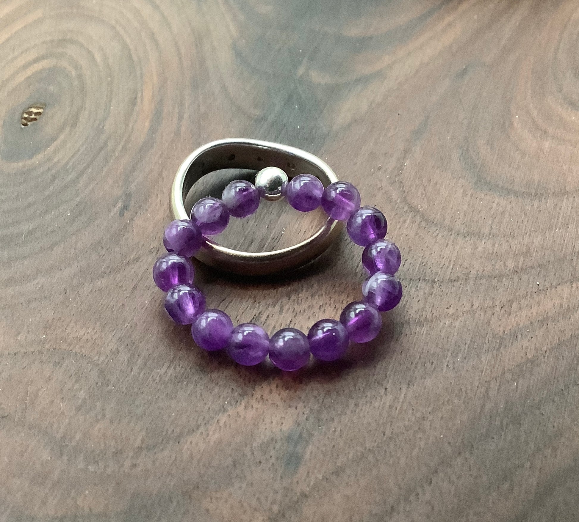 Amethyst stretch ring and sterling Silver Bead