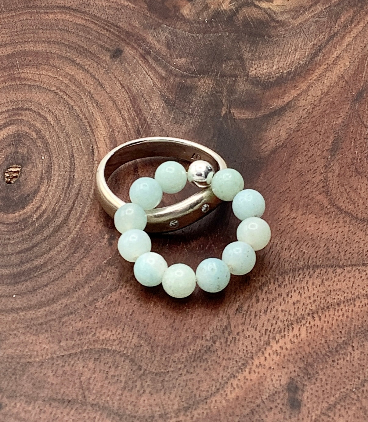 amazonite stretch ring with sterling silver bead
