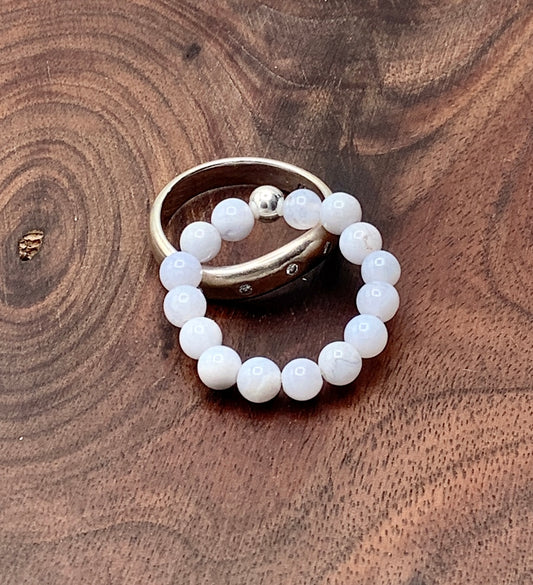 Blue Chalcedony stretch ring and sterling Silver Bead