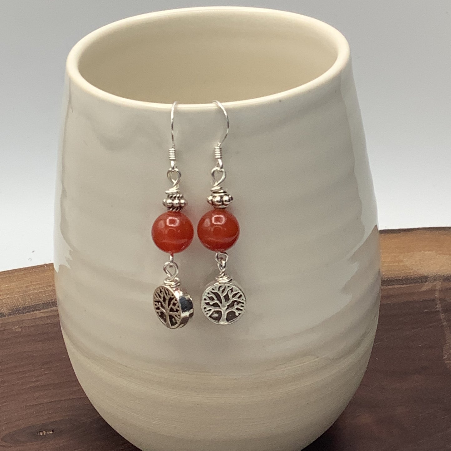 Carnelian Earrings with Tree of LIfe and Sterling Silver Earwire