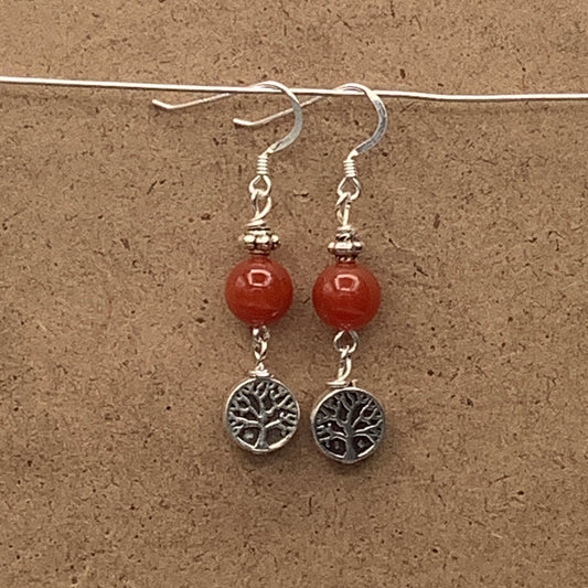 Carnelian Earrings with Tree of LIfe and Sterling Silver Earwire