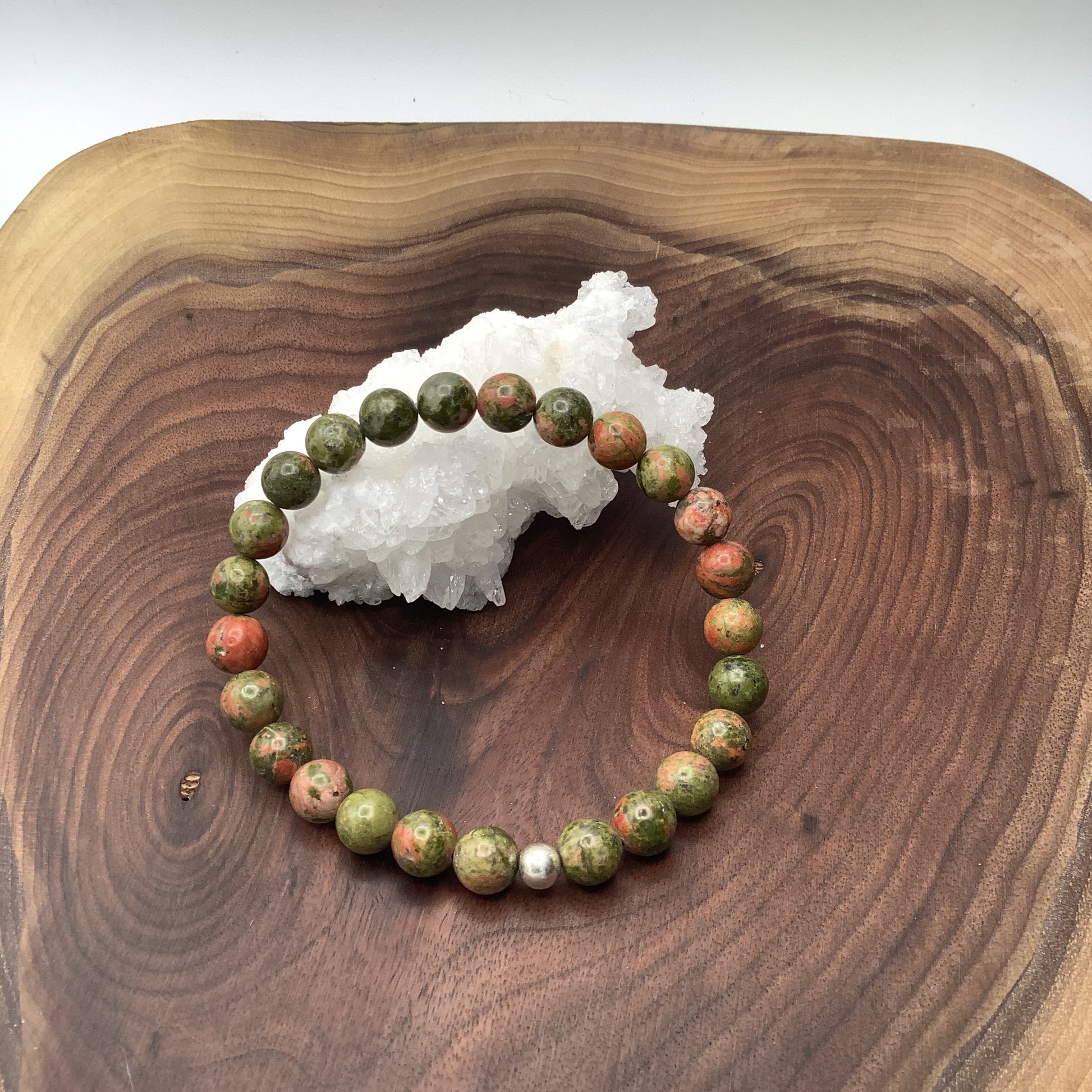 Unakite Stretch Bracelet with Sterling Silver Bead