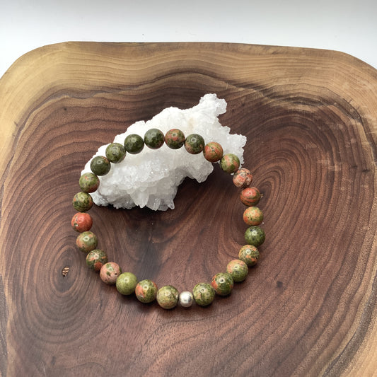 Unakite Stretch Bracelet with Sterling Silver Bead