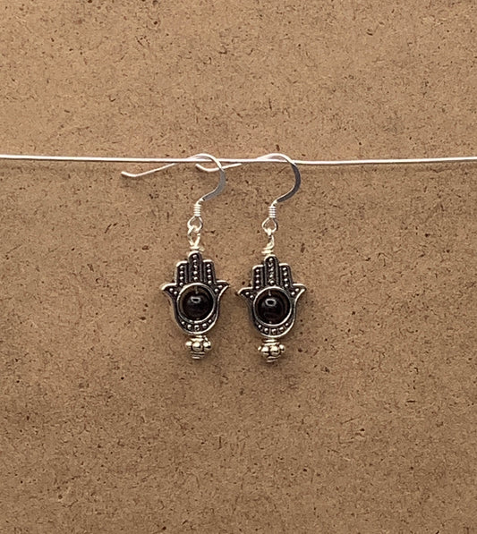 Hamsa Hand Obsidian Earrings with Sterling Silver Earwire