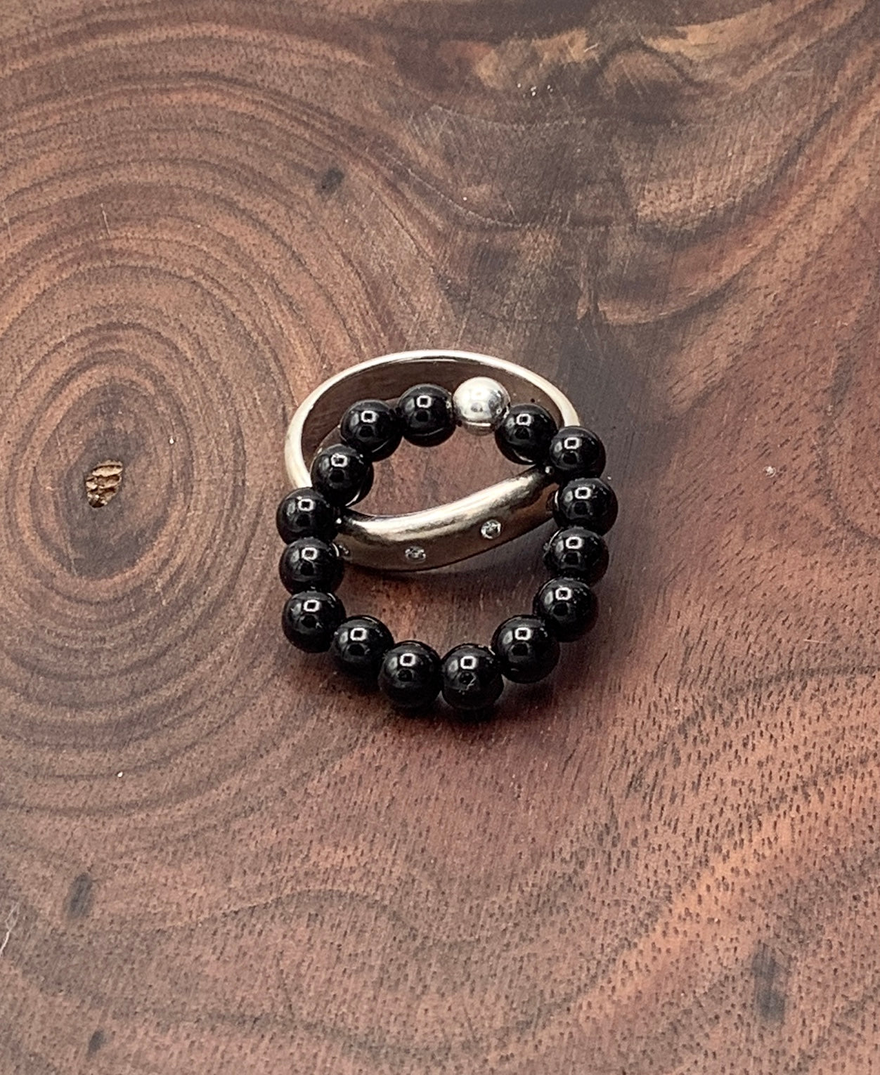 Obsidian Stretch Ring with Sterling Silver Bead