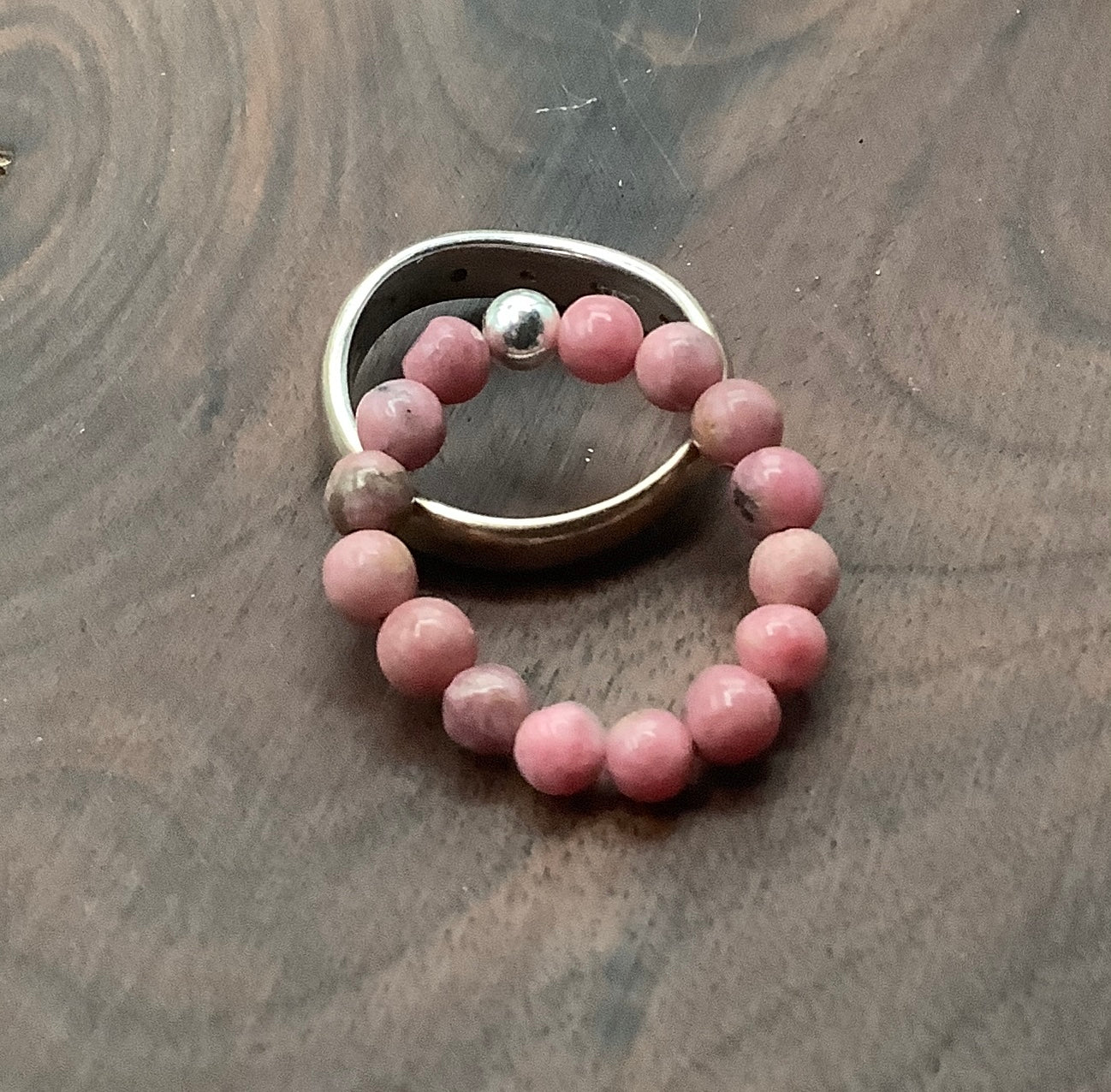 Rhodonite Stretch Ring with Sterling Silver Bead