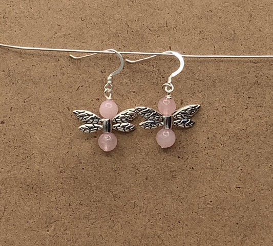 Rose Quartz Dragonfly Earrings with Sterling Silver Earwire