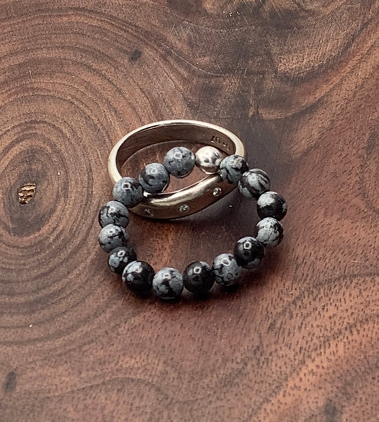 Snowflake Obsidian Ring with Sterling Silver Bead
