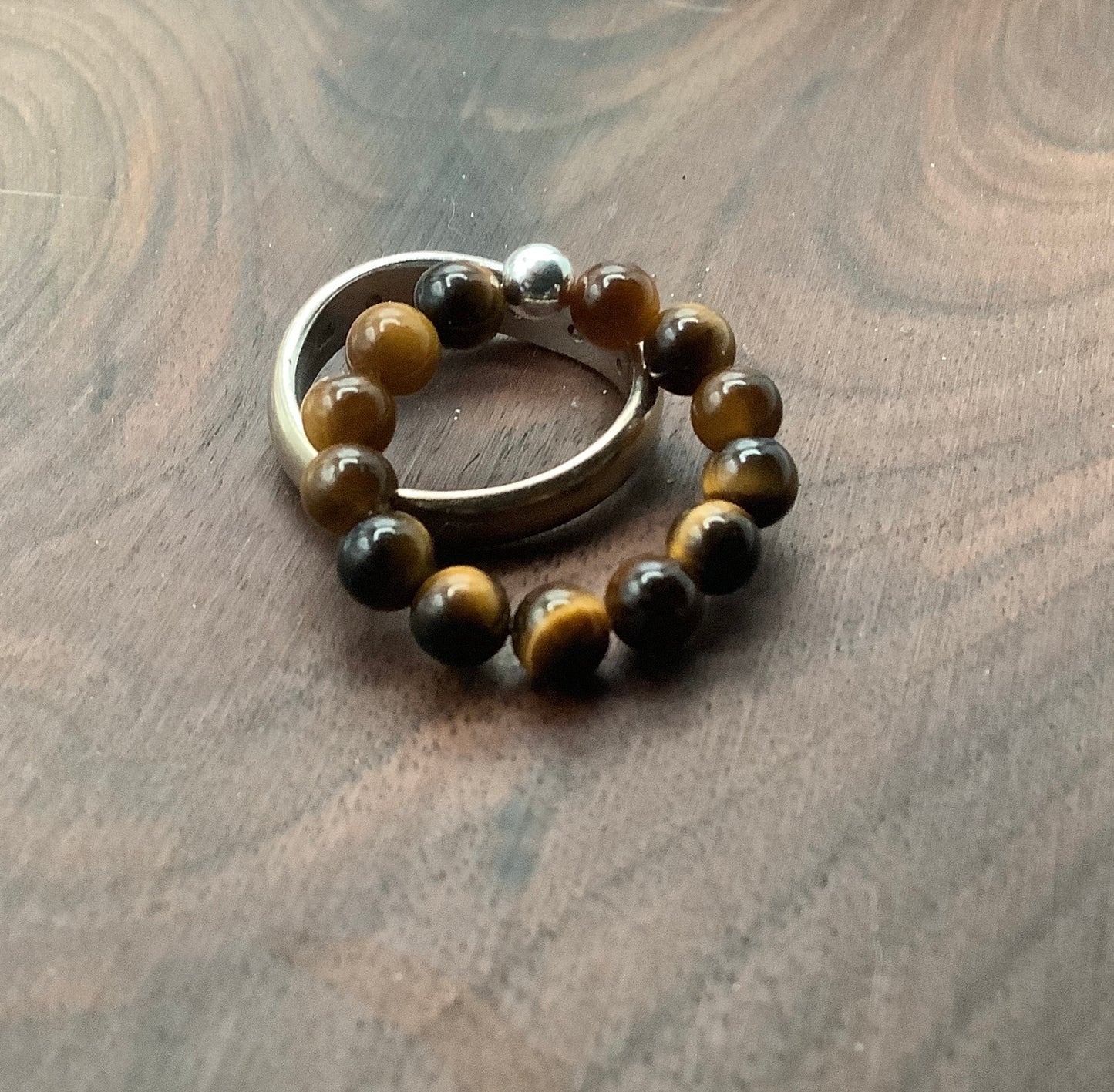 Tiger's Eye Stretch Ring with Sterling Silver Bead