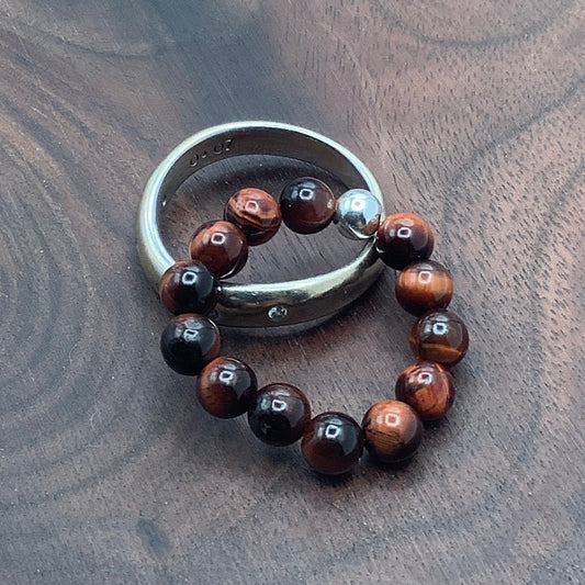 Red Tiger's Eye Stretch Ring with Sterling Silver Bead