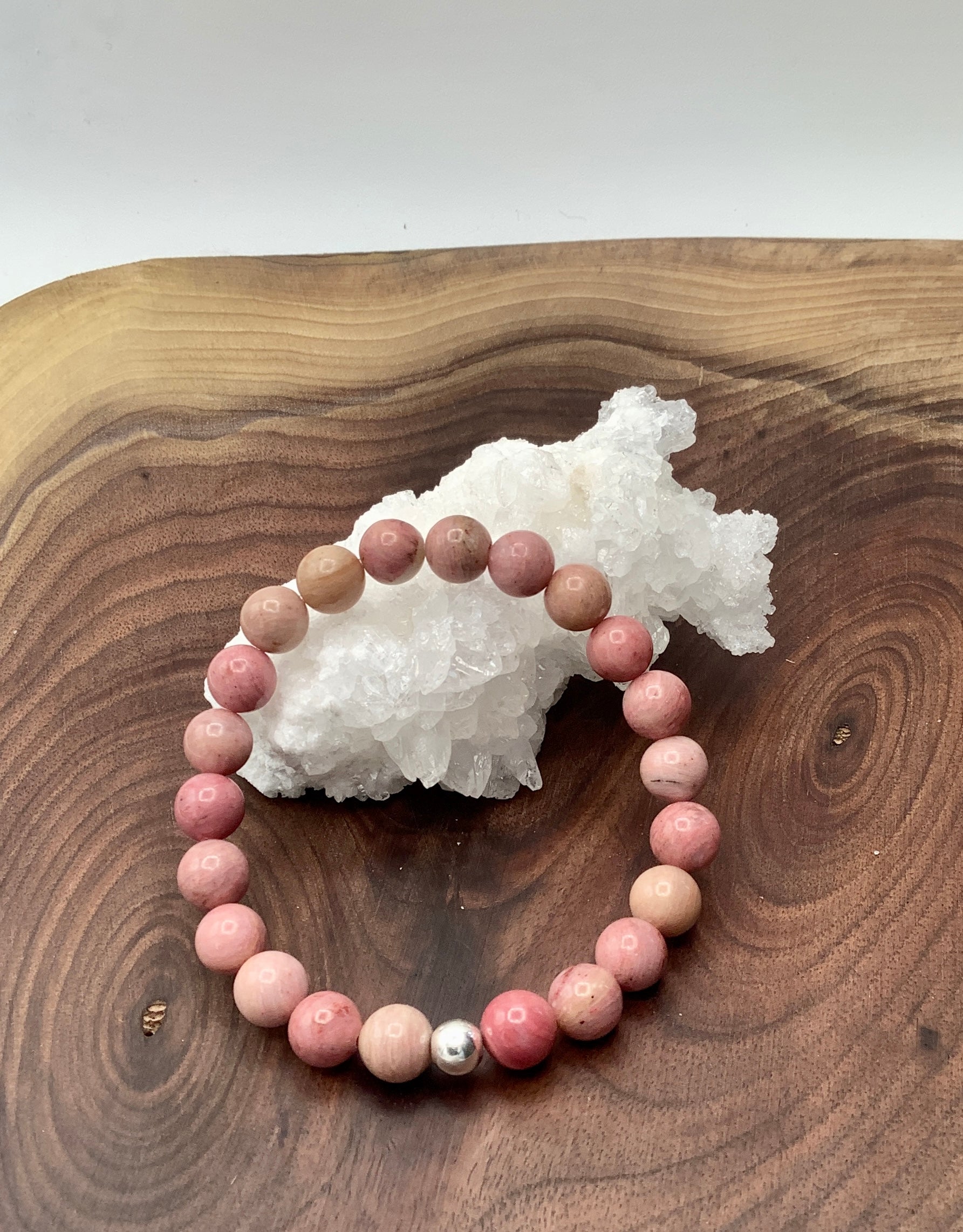 Rhodonite Stretch Bracelet with Sterling Silver Bead