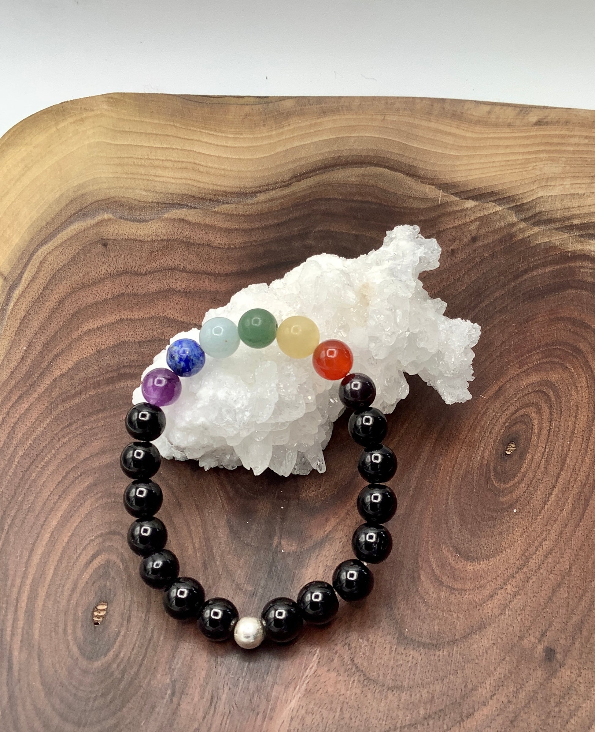 Chakra stretch  bracelet with Obsidian and Sterling Silver Bead.