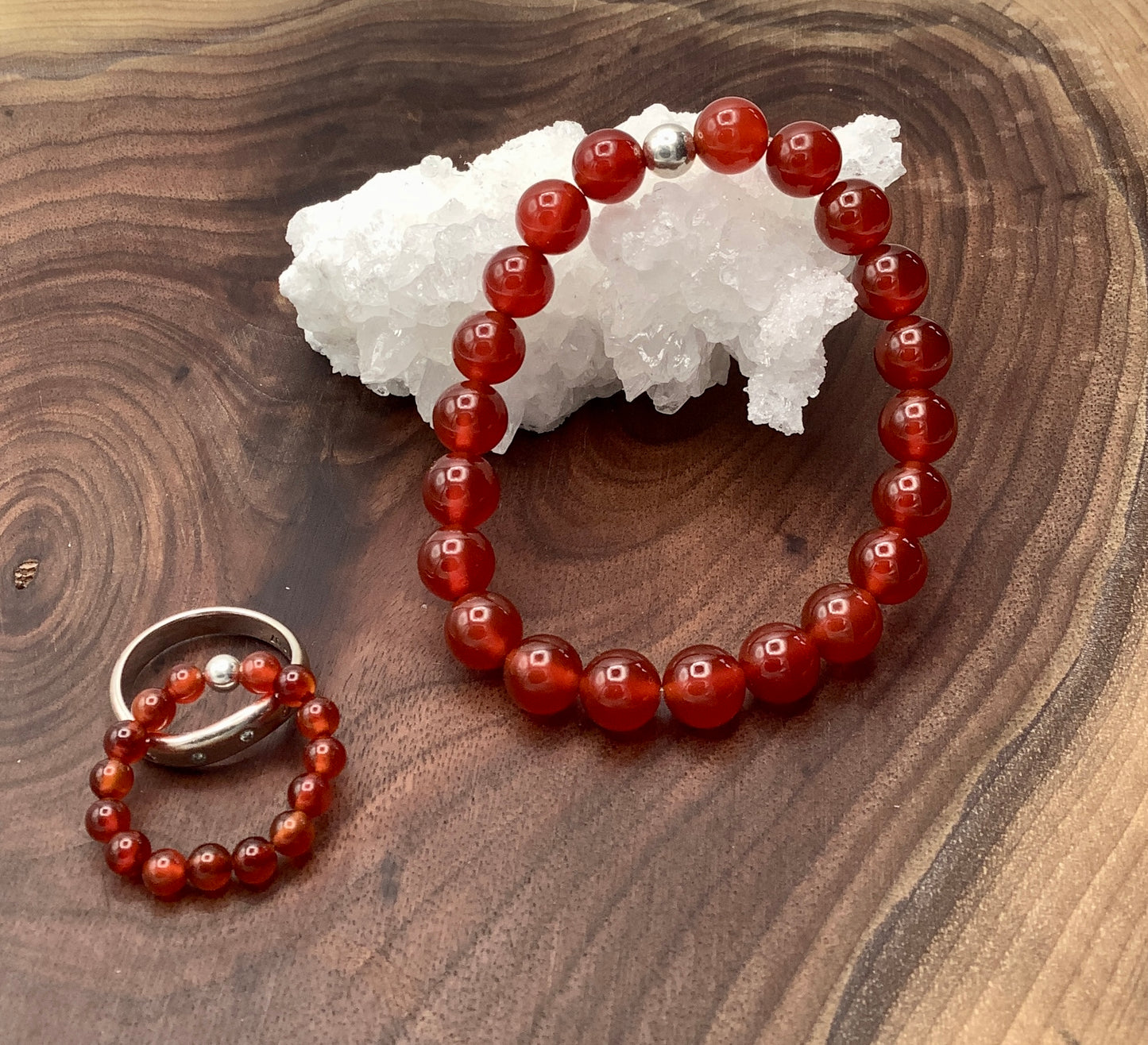 Carnelian stretch bracelet with sterling silver bead and carnelian stretch ring